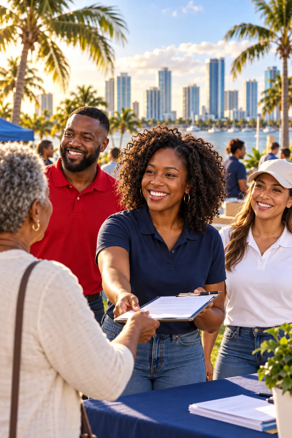 Multicultural PSVA community volunteers welcoming a senior resident at a Florida waterfront event