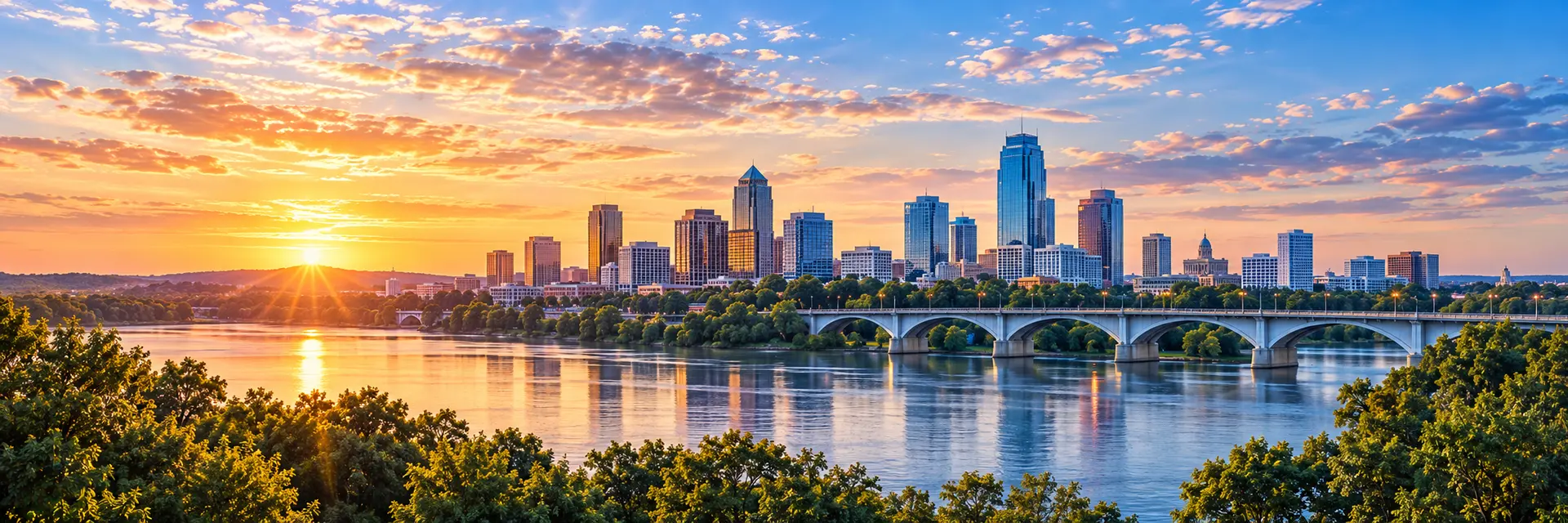 Southern riverfront city and bridge at sunrise