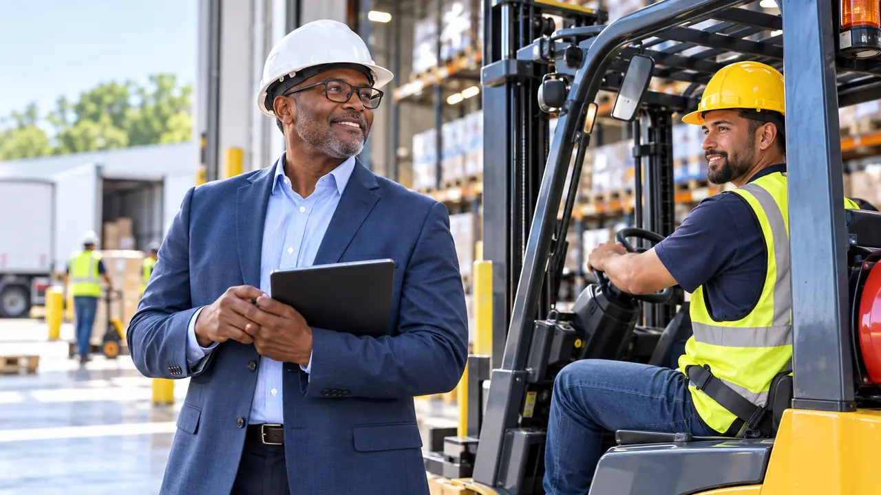 Business leader and skilled forklift operator at a Southern logistics facility